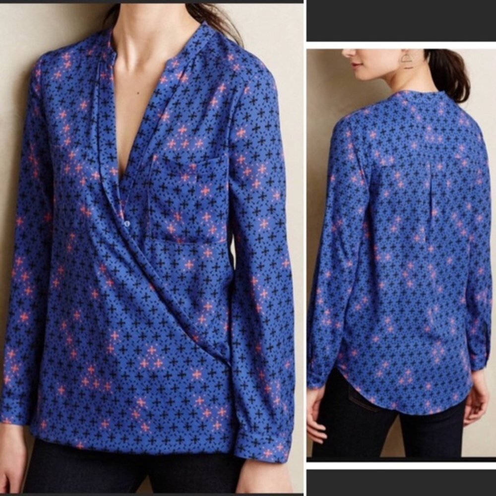 Anthropologie Maeve Blue Eva Crossover‎ Blouse Faux Wrap XXS 0